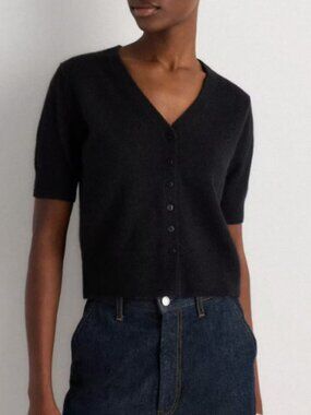 Quince Mongolian Cashmere Short Sleeve Cardigan Black L NWOT